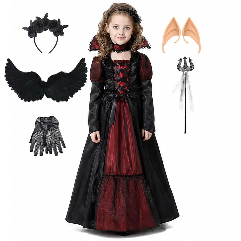 Vampire Queen Cosplay Costume Medieval Gothic Black Red Long Dress With Lace Collar Girls Halloween Party Role Play Fancy Outfit