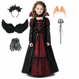 Vampire Queen Cosplay Costume Medieval Gothic Black Red Long Dress With Lace Collar Girls Halloween Party Role Play Fancy Outfit