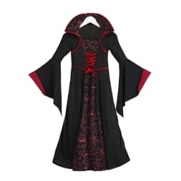 Vampire Queen Cosplay Costume Medieval Gothic Black Red Long Dress With Lace Collar Girls Halloween Party Role Play Fancy Outfit