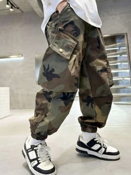 Boys' overalls, camouflage pattern, digital printing, multi-pocket practical pants, large children's size 7-14 years old.