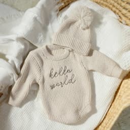 Ylsteed Hello World Knitting Newborn Photography Romper with Matching Pomp Hat Baby Boy Girl Sweater Outfits Photo Shooting-HD