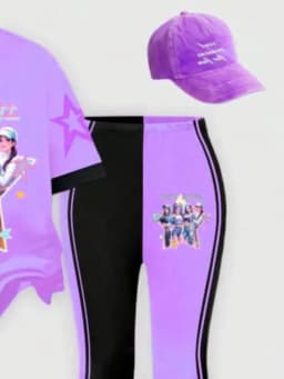 Trendy Girls 2Pcs Y2K Casual Outfit, Split Black Purple Cartoon Graphic Printed T-shirt, Star Decor Striped Flare Trousers for S