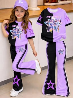 Trendy Girls 2Pcs Y2K Casual Outfit, Split Black Purple Cartoon Graphic Printed T-shirt, Star Decor Striped Flare Trousers for S