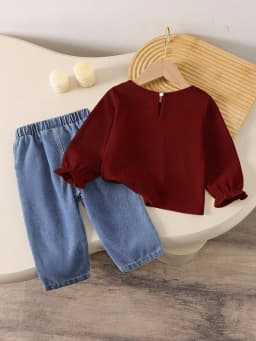 Baby Girl Spring-Autumn Set - Bow-Front Long-Sleeved Top Paired with Soft Bow-Patterned Denim Long Pants as a Two-Piece Set