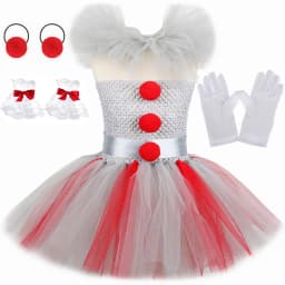 Girls Spooky Clown Tutu Dress Set Silver Mesh Bodice Red Pom‑Pom Decor Tulle Collar Hair Hoops Kids Halloween Cosplay Outfit