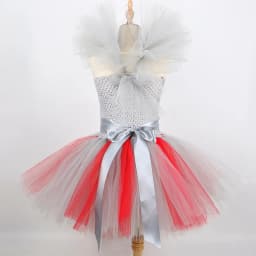 Girls Spooky Clown Tutu Dress Set Silver Mesh Bodice Red Pom‑Pom Decor Tulle Collar Hair Hoops Kids Halloween Cosplay Outfit