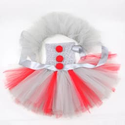 Girls Spooky Clown Tutu Dress Set Silver Mesh Bodice Red Pom‑Pom Decor Tulle Collar Hair Hoops Kids Halloween Cosplay Outfit