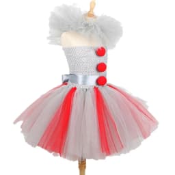 Girls Spooky Clown Tutu Dress Set Silver Mesh Bodice Red Pom‑Pom Decor Tulle Collar Hair Hoops Kids Halloween Cosplay Outfit