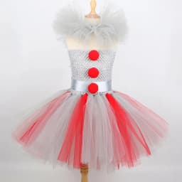 Girls Spooky Clown Tutu Dress Set Silver Mesh Bodice Red Pom‑Pom Decor Tulle Collar Hair Hoops Kids Halloween Cosplay Outfit
