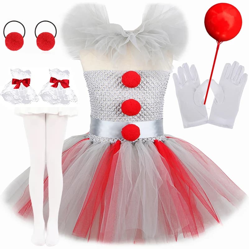 Girls Spooky Clown Tutu Dress Set Silver Mesh Bodice Red Pom‑Pom Decor Tulle Collar Hair Hoops Kids Halloween Cosplay Outfit