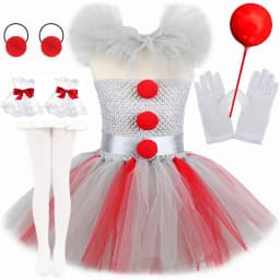 Girls Spooky Clown Tutu Dress Set Silver Mesh Bodice Red Pom‑Pom Decor Tulle Collar Hair Hoops Kids Halloween Cosplay Outfit