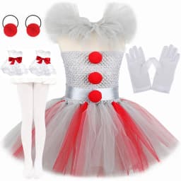 Girls Spooky Clown Tutu Dress Set Silver Mesh Bodice Red Pom‑Pom Decor Tulle Collar Hair Hoops Kids Halloween Cosplay Outfit