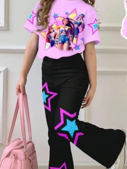 Kids Girls 2 Piece Cartoon Star Print Short Sleeve Tee & Flare Pants Set Cute Casual Summer Outfit