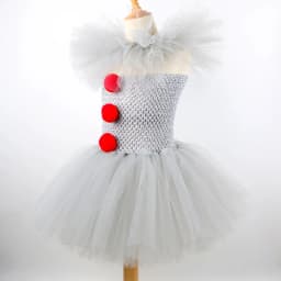 Kids Girls Creepy Clown Fancy Costume Gray Tulle Tutu Dress Cosplay Outfit for Halloween Carnival of The Dead Stage Party Wear