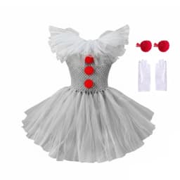 Kids Girls Creepy Clown Fancy Costume Gray Tulle Tutu Dress Cosplay Outfit for Halloween Carnival of The Dead Stage Party Wear