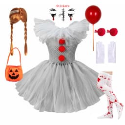 Kids Girls Creepy Clown Fancy Costume Gray Tulle Tutu Dress Cosplay Outfit for Halloween Carnival of The Dead Stage Party Wear