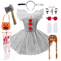 Kids Girls Creepy Clown Fancy Costume Gray Tulle Tutu Dress Cosplay Outfit for Halloween Carnival of The Dead Stage Party Wear