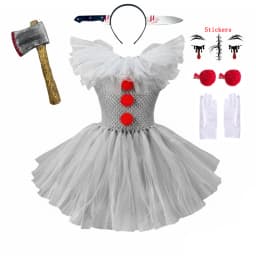 Kids Girls Creepy Clown Fancy Costume Gray Tulle Tutu Dress Cosplay Outfit for Halloween Carnival of The Dead Stage Party Wear
