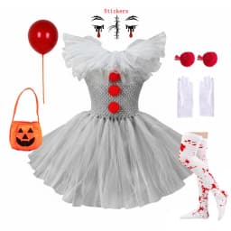 Kids Girls Creepy Clown Fancy Costume Gray Tulle Tutu Dress Cosplay Outfit for Halloween Carnival of The Dead Stage Party Wear