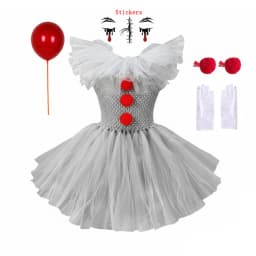 Kids Girls Creepy Clown Fancy Costume Gray Tulle Tutu Dress Cosplay Outfit for Halloween Carnival of The Dead Stage Party Wear