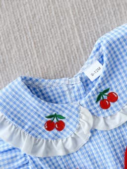 Summer Baby Girls 2Pcs Set 9-12M Blue Gingham Cherry Embroidered Ruffle Top & Bloomers Infant Casual Daily Wear