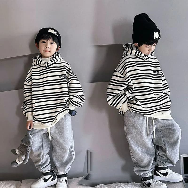 ZOETOPKID Spring Autumn School Kids 2PCS Tracksuit Boys Loose Striped Sweatshirt+Gray Sweatpant Workout Sets Child Jogger Outfit