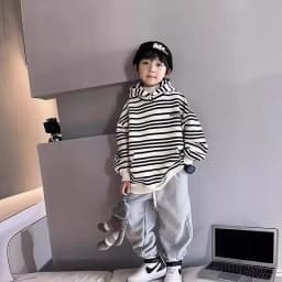 ZOETOPKID Spring Autumn School Kids 2PCS Tracksuit Boys Loose Striped Sweatshirt+Gray Sweatpant Workout Sets Child Jogger Outfit