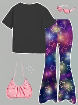 Girls 2-Piece 2026 Concert Outfit – Black Graphic T-Shirt & Neon Star Print Flared Pants Set for Kids