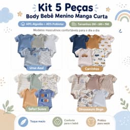 Kit 5 Bodysuits Baby Boy Short Sleeve 60% Cotton 40% Polyester 3m 6m 9m Infant Clothing