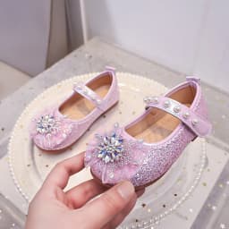 Girls Mary Jane Flat Shoes Glitter Princess Dress Shoes Tulle Rhinestone Snowflake Ornament, Pearl Ballet Wedding Girl Birthday