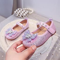 Girls Mary Jane Flat Shoes Glitter Princess Dress Shoes Tulle Rhinestone Snowflake Ornament, Pearl Ballet Wedding Girl Birthday