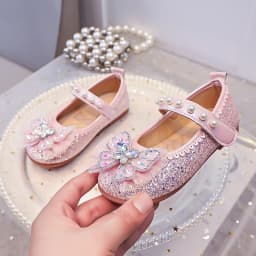 Girls Mary Jane Flat Shoes Glitter Princess Dress Shoes Tulle Rhinestone Snowflake Ornament, Pearl Ballet Wedding Girl Birthday