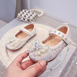 Girls Mary Jane Flat Shoes Glitter Princess Dress Shoes Tulle Rhinestone Snowflake Ornament, Pearl Ballet Wedding Girl Birthday