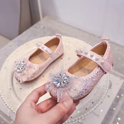 Girls Mary Jane Flat Shoes Glitter Princess Dress Shoes Tulle Rhinestone Snowflake Ornament, Pearl Ballet Wedding Girl Birthday