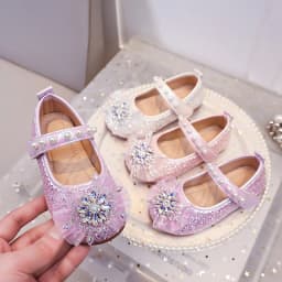 Girls Mary Jane Flat Shoes Glitter Princess Dress Shoes Tulle Rhinestone Snowflake Ornament, Pearl Ballet Wedding Girl Birthday