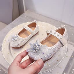 Girls Mary Jane Flat Shoes Glitter Princess Dress Shoes Tulle Rhinestone Snowflake Ornament, Pearl Ballet Wedding Girl Birthday