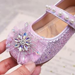 Girls Mary Jane Flat Shoes Glitter Princess Dress Shoes Tulle Rhinestone Snowflake Ornament, Pearl Ballet Wedding Girl Birthday