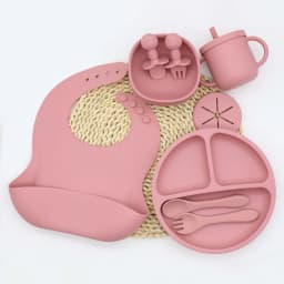 9pcs Baby Silicone Tableware Set, Bib, Dining Plate, Bowl with Suction Cup, 2-in-1 Water Cup, Snack Cup, Spoon and Fork