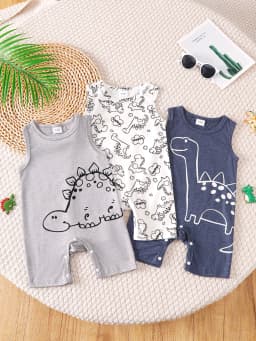 3-Piece Set, Cute Casual Dinosaur Print Three-Piece Set for Newborn Baby Boys, Sleeveless Vest Style with Small Round Neck Jumpsuit, Baby Summer Romper Set, Suitable for Daily Wear, Commuting, and Outdoor Activities