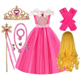 Kids Pink Fairy Princess Fancy Dress Girls Birthday Off Shoulder Ball Gown with Crown Wand Gloves Set Child Halloween Costumes