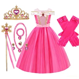 Kids Pink Fairy Princess Fancy Dress Girls Birthday Off Shoulder Ball Gown with Crown Wand Gloves Set Child Halloween Costumes