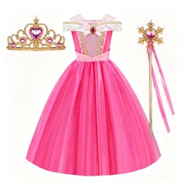 Kids Pink Fairy Princess Fancy Dress Girls Birthday Off Shoulder Ball Gown with Crown Wand Gloves Set Child Halloween Costumes