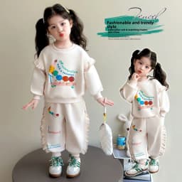 1-8Y Kids Girls Beige Pants Sets Cartoon Pattern Long Sleeve Loose Ruched Pullover Hoodies+Elastic Waist Baggy Pants 2pcs Sets