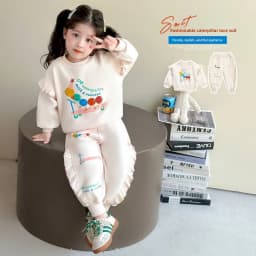 1-8Y Kids Girls Beige Pants Sets Cartoon Pattern Long Sleeve Loose Ruched Pullover Hoodies+Elastic Waist Baggy Pants 2pcs Sets