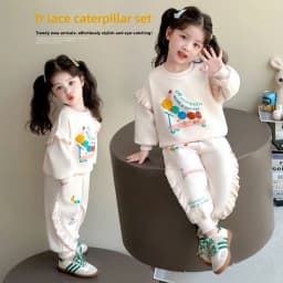 1-8Y Kids Girls Beige Pants Sets Cartoon Pattern Long Sleeve Loose Ruched Pullover Hoodies+Elastic Waist Baggy Pants 2pcs Sets