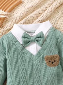 Baby Boy Long Sleeve Polo Patchwork Knitted Pants Romper with Bow Tie Casual Cute College Style Baby Outfit