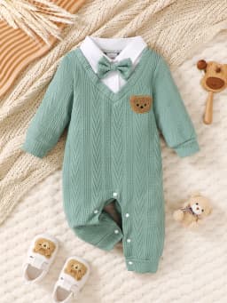 Baby Boy Long Sleeve Polo Patchwork Knitted Pants Romper with Bow Tie Casual Cute College Style Baby Outfit