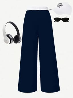 Kids Girls 1-Piece Wide Leg Sweatpants, Navy White Elastic Drawstring Waist Casual Trousers With Double White Side Strip Loose J