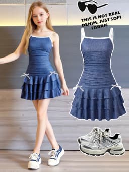 Girls' Casual Dress, Trendy Item for Girls, Faux Denim Print Suspender Dress with White Trim + Bow Design, Fashionable and Versatile, Suitable for Children Aged 5-13, Versatile Clothing for Home and Outings
