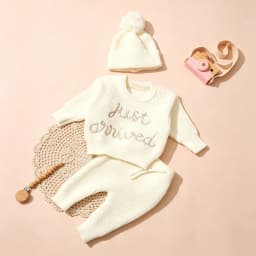 Ylsteed 3 Pcs Set Knitting Newborn Boy Photography Clothes "Just Arrived" Embroidery Khaki Baby Outfits Sweater Baby Shower Gift
